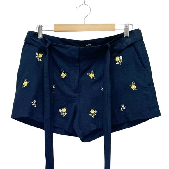 NWT LOFT Navy Blue Floral Embroidered Tie Waist Shorts Size 10 Linen Blend New - Picture 6 of 12